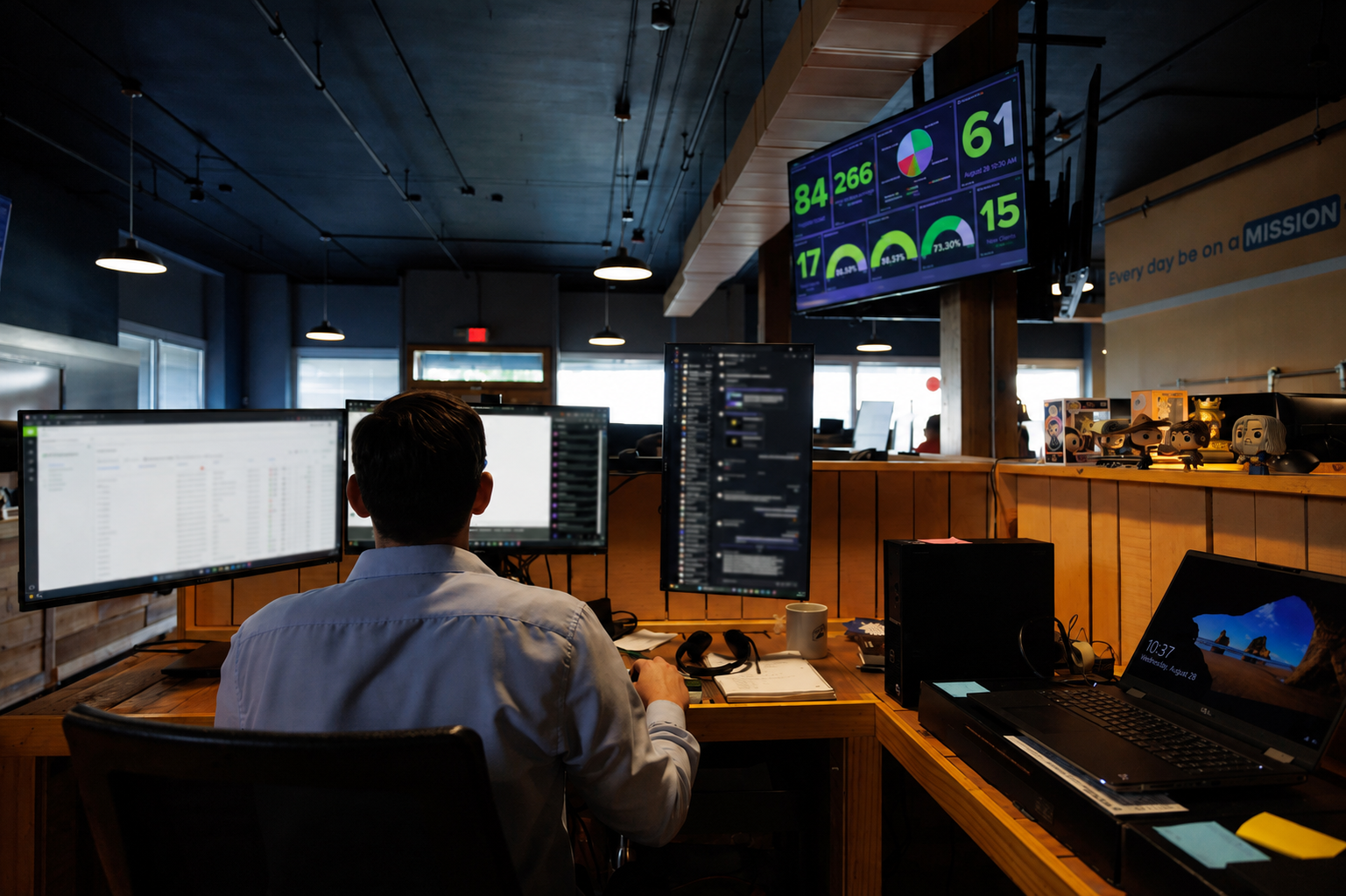 The IT Company engineer monitoring client systems in the operations center